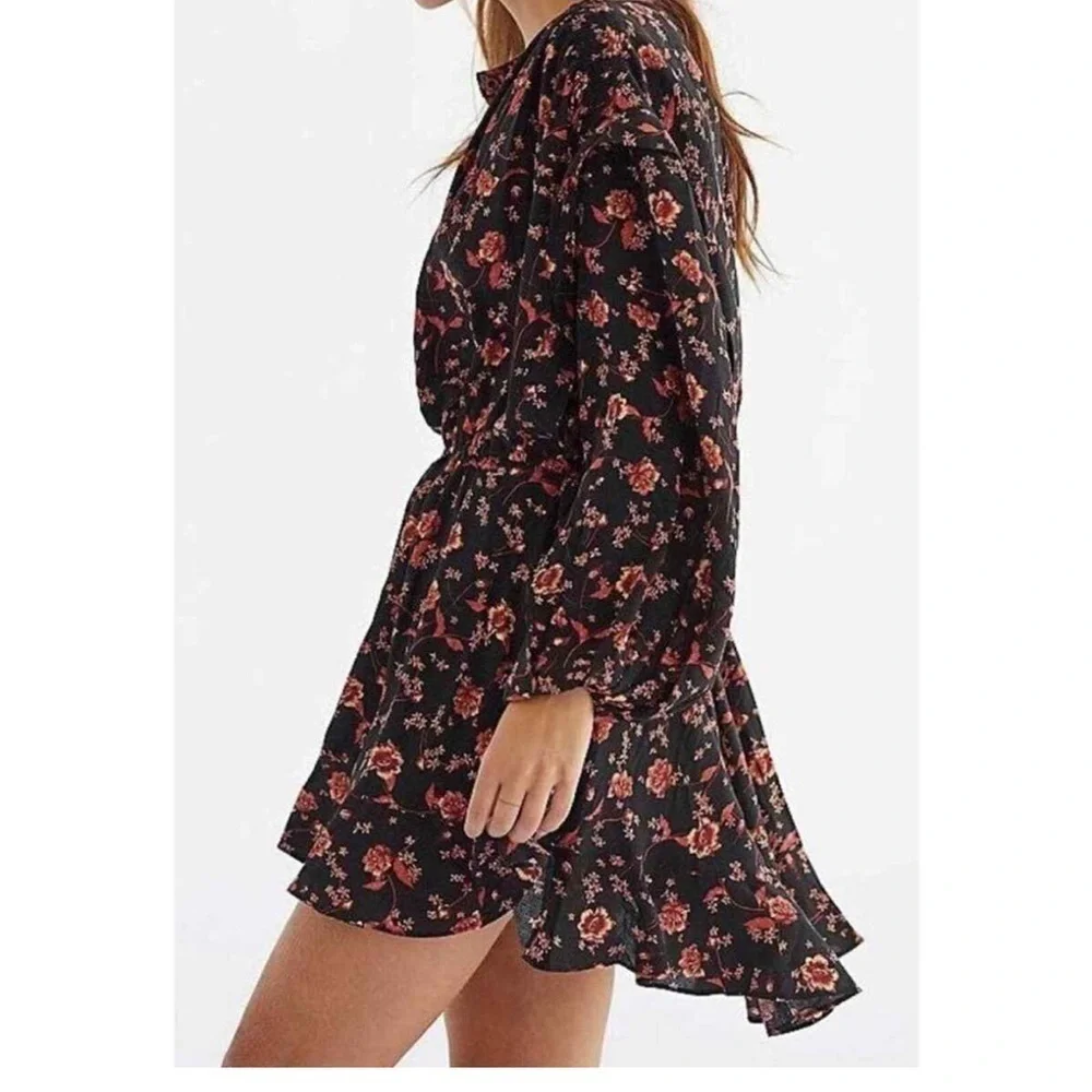 NEW Free People Flower Fields Long Sleeve orange/Black Boho Flowy Mini Dress